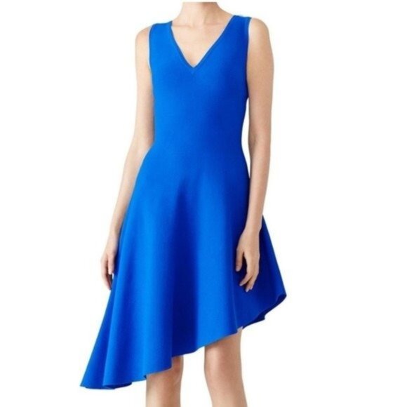 Milly Blue Vneck Midi Dress with Asymmetrical Hem - Picture 7 of 7